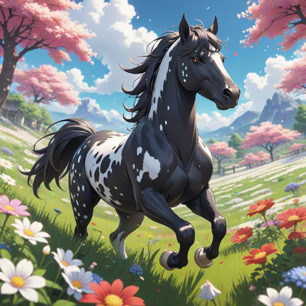 Anime-Style Black and White Horse in Flower Field