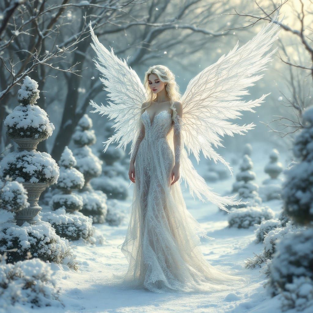 Ethereal Winter Angel in a Snowy Garden, in the Style of Pre...