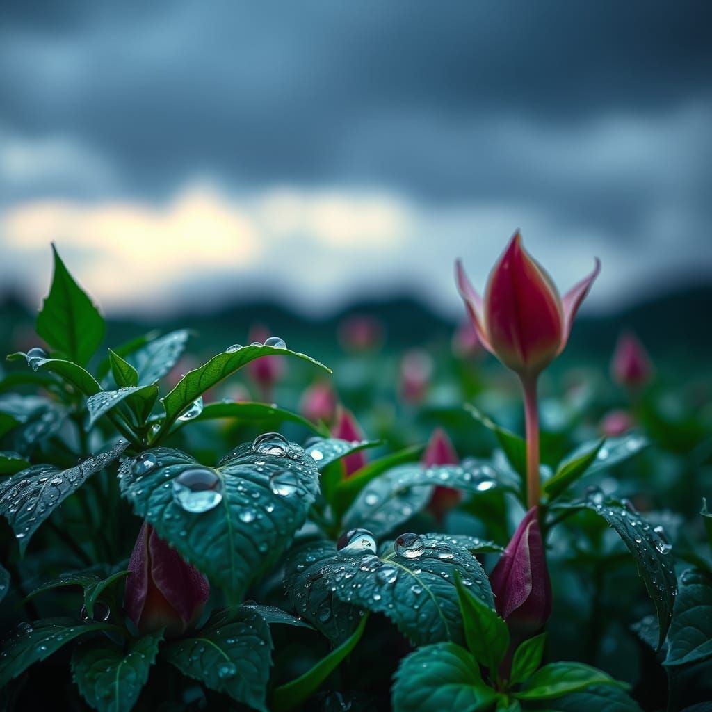 Raindrops on Greenery: Hyperrealistic Digital Photograph
