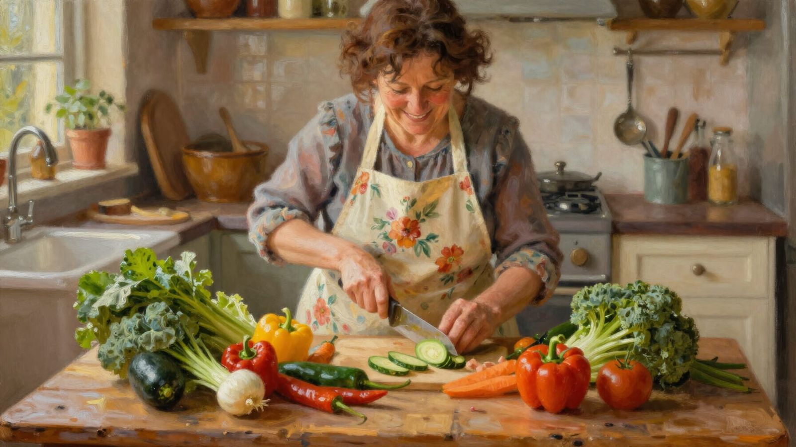 Joyful Mother Chopping Vegetables in Cozy Kitchen