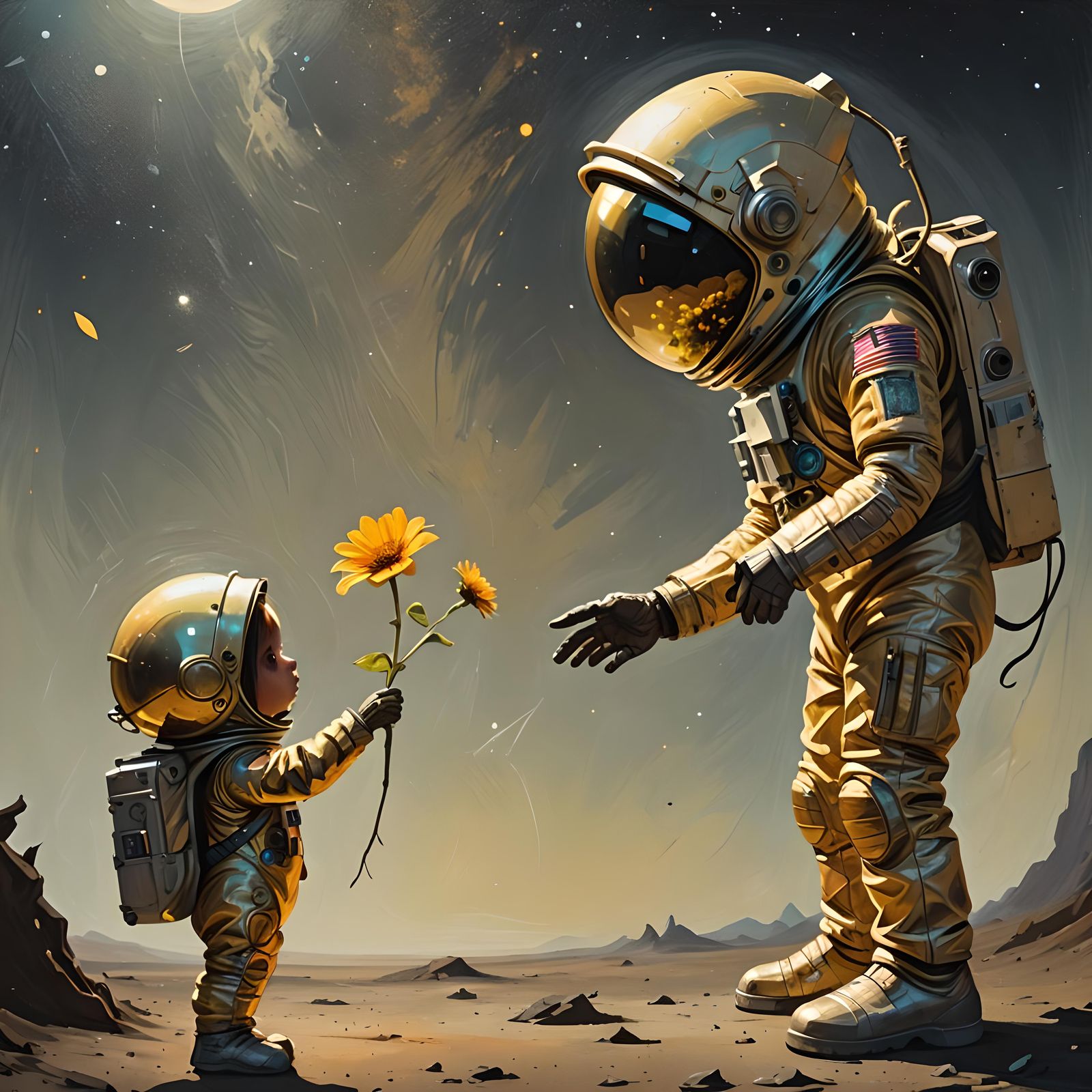Alien Girl Offers Flower to Cosmonaut