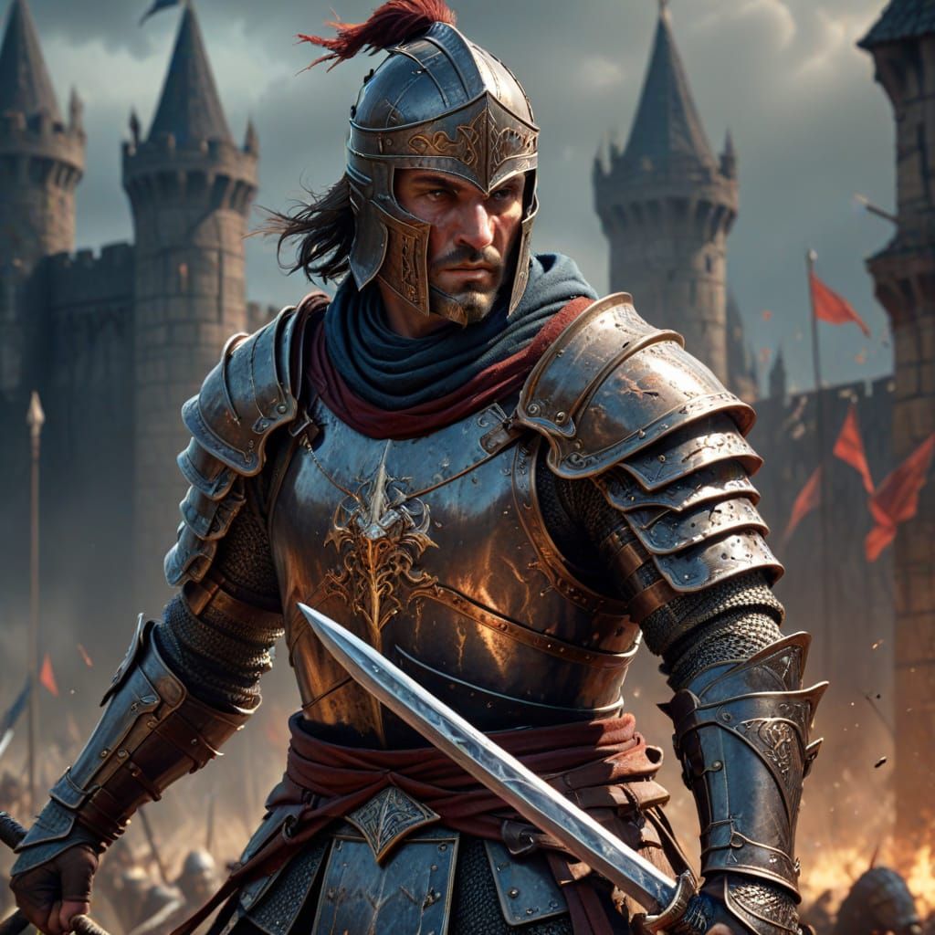 Serious Warrior in Steel Armor, Medieval Joust Backdrop