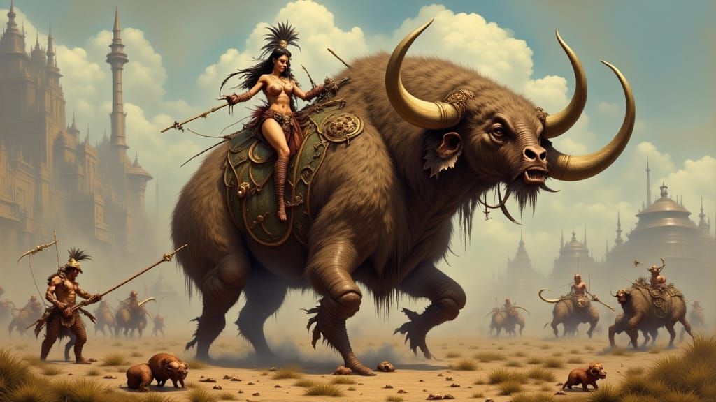 Tribal Woman Rides Elasmotherium to Epic Battle