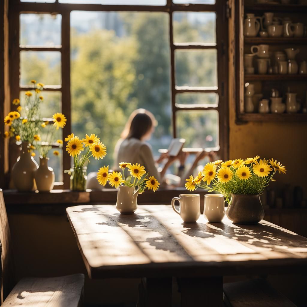 Wabi-Sabi Cafe Scene with Daisies and Reader