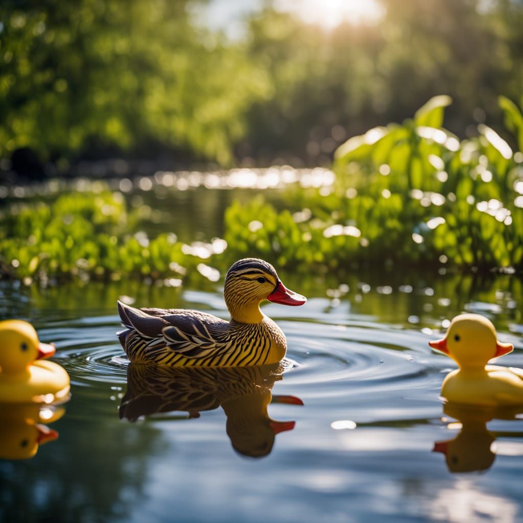 Ultra-Realistic Yellow Rubber Duck in Serene Pond Scene
