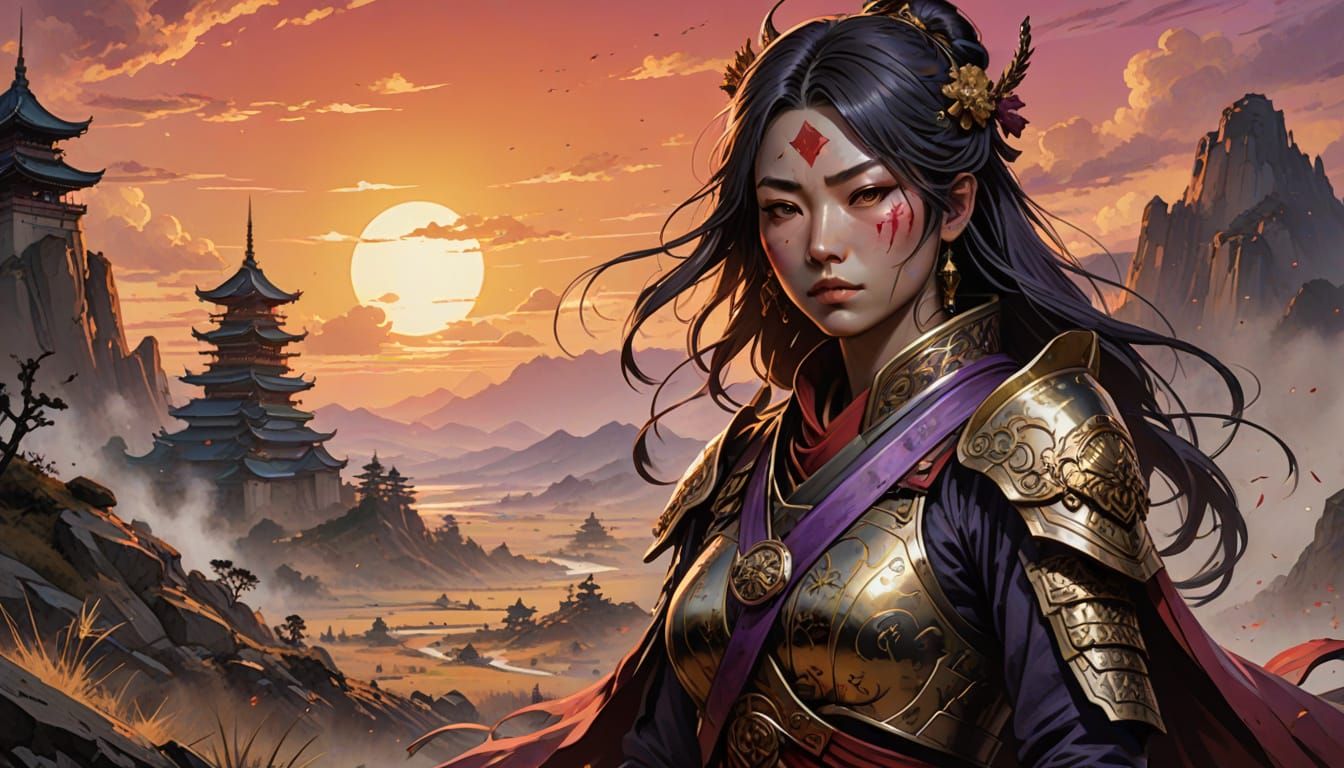 Tomoe Gozen on Battlefield in Sumi-e Ink Style