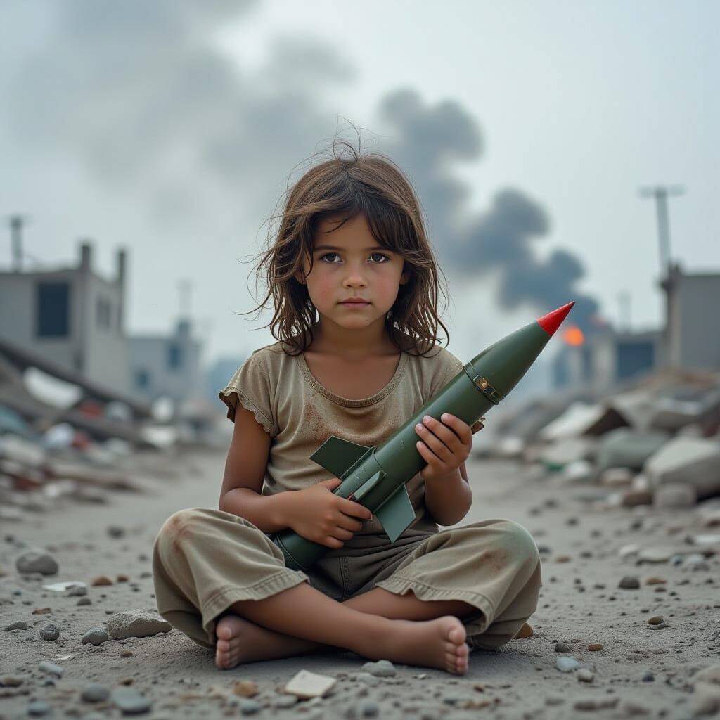 Innocence Amidst Destruction: Girl with Missile