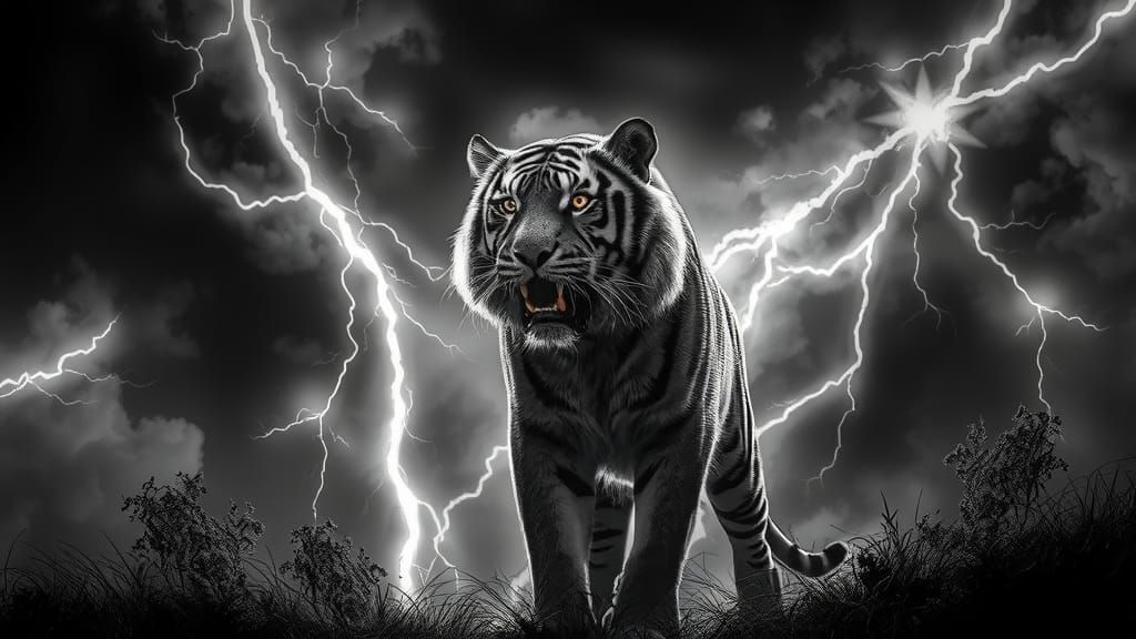 Monochrome Tiger in Lightning Storm