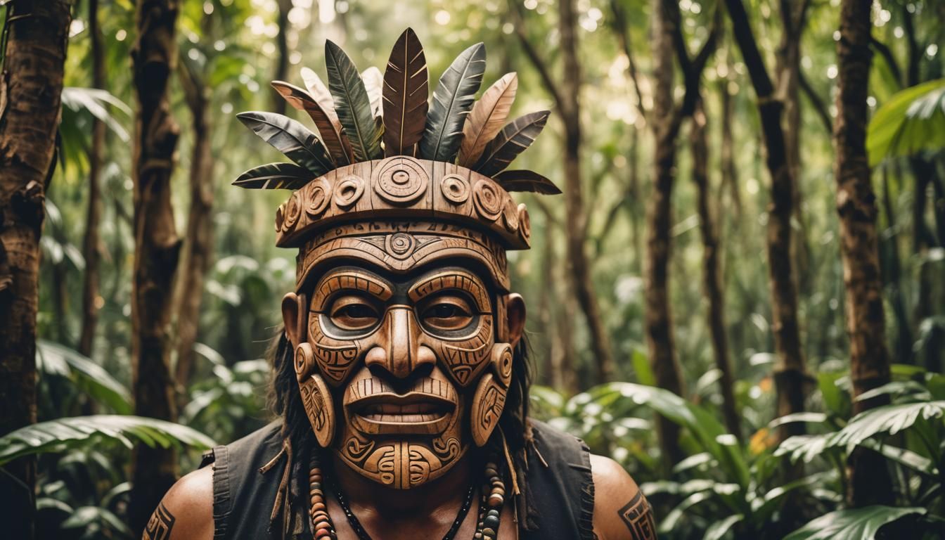 Aztec Tribesman with Tiki Mask in Jungle