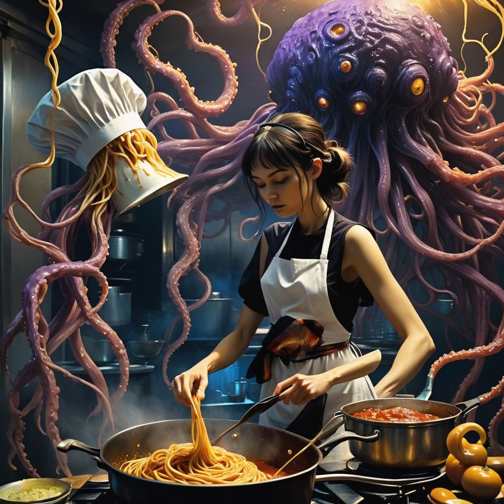 Fantasy Chef Confronts Spaghetti Monster in Beksiński Style