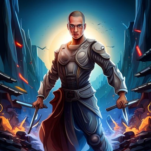 Futuristic Cyborg Monk with Rainbow Aura Temple