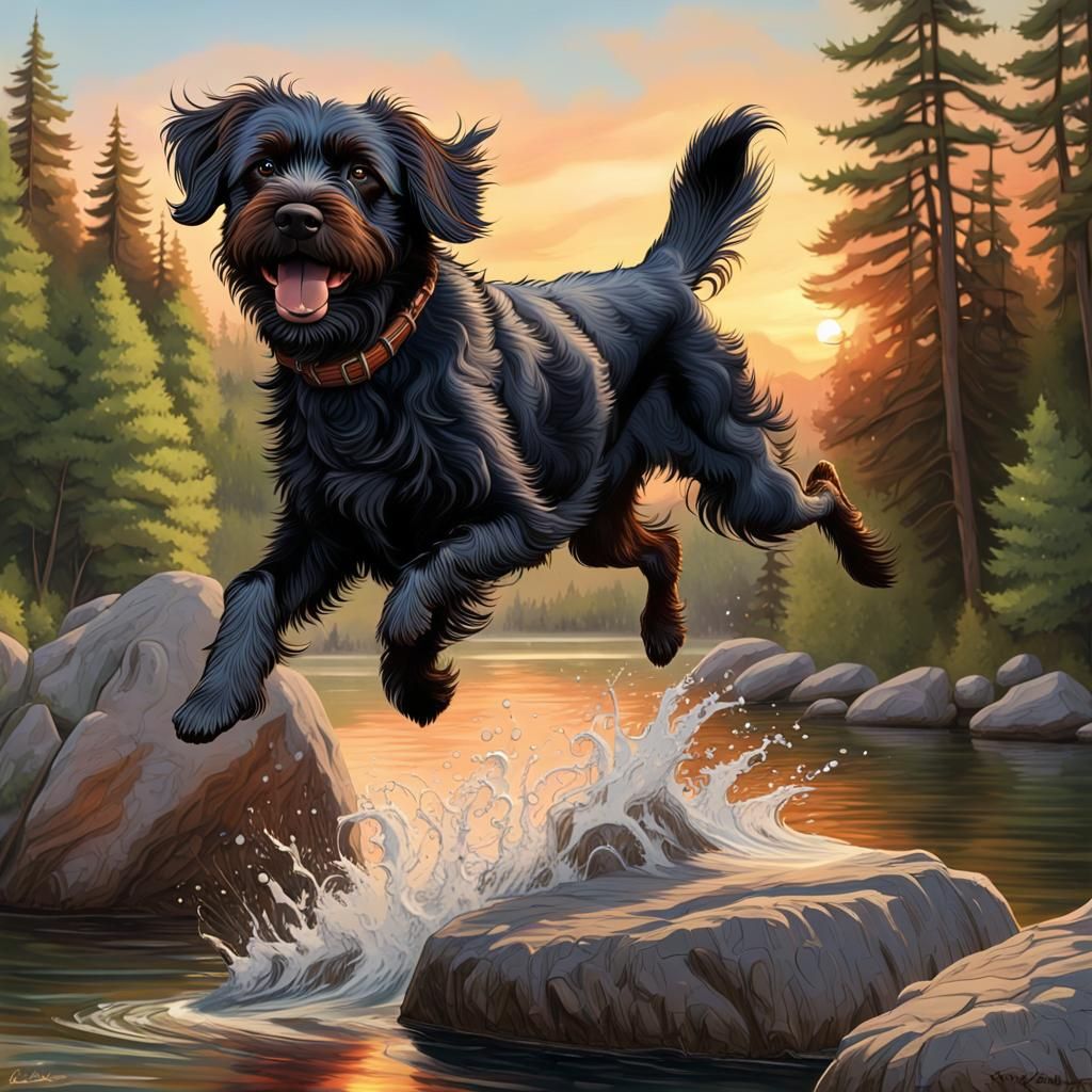 Wirehaired Griffon Leaps into Lake at Sunset