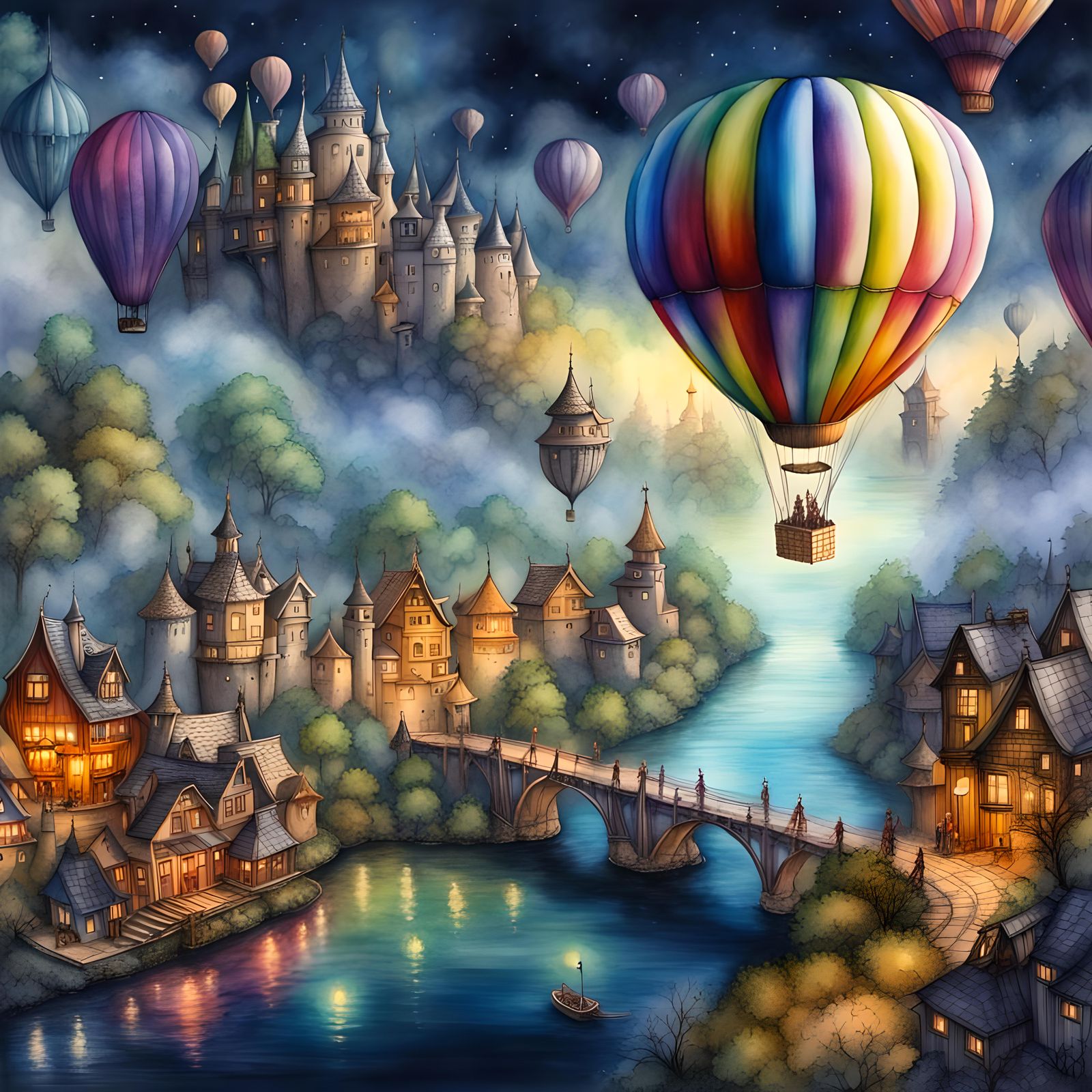 Ultradetailed Fantasy fairy brightly colorful hot air balloon, flying over a fantasy fairy village, palace, river, long ...