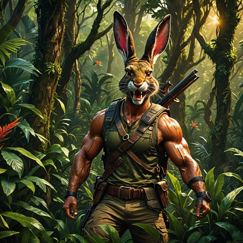 Realistic Rabbit Rambo Hunter in Jungle