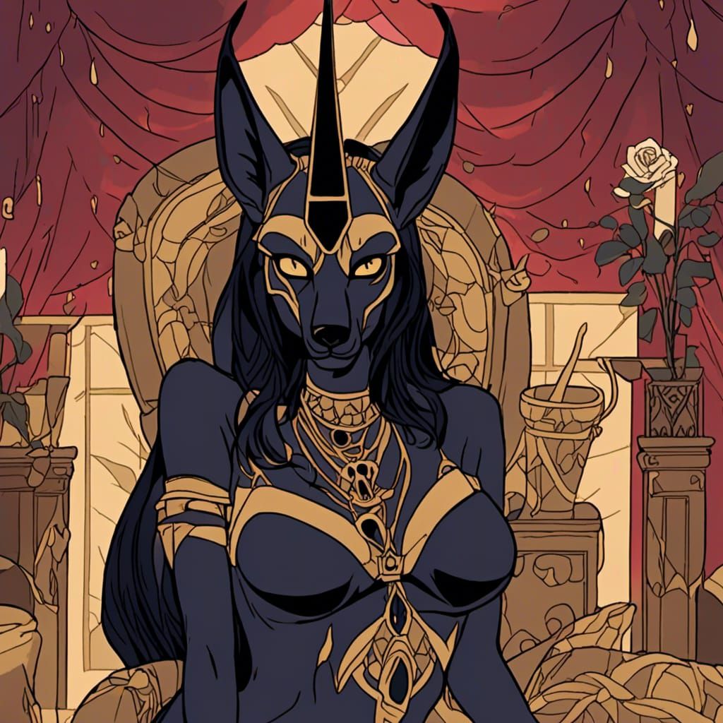 Sensual Anubis Mummy in Dark Fantasy Cartoon Style