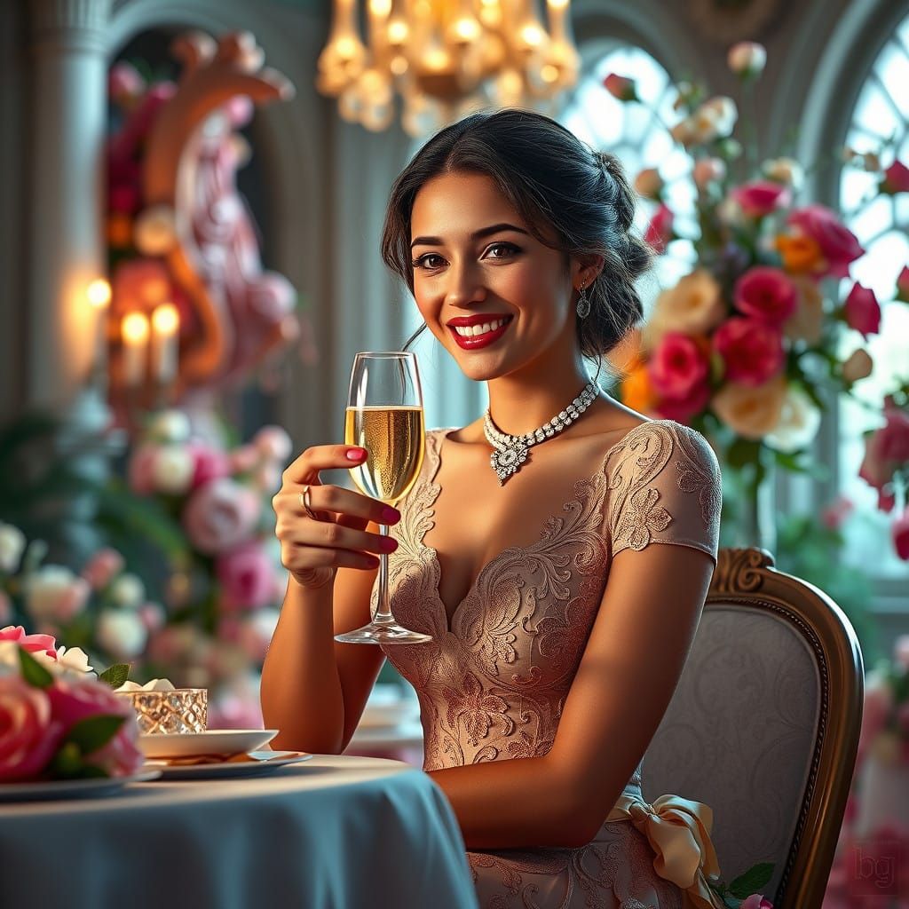 Elegant Italian Woman in Luxurious Villa with Floral Explosi...