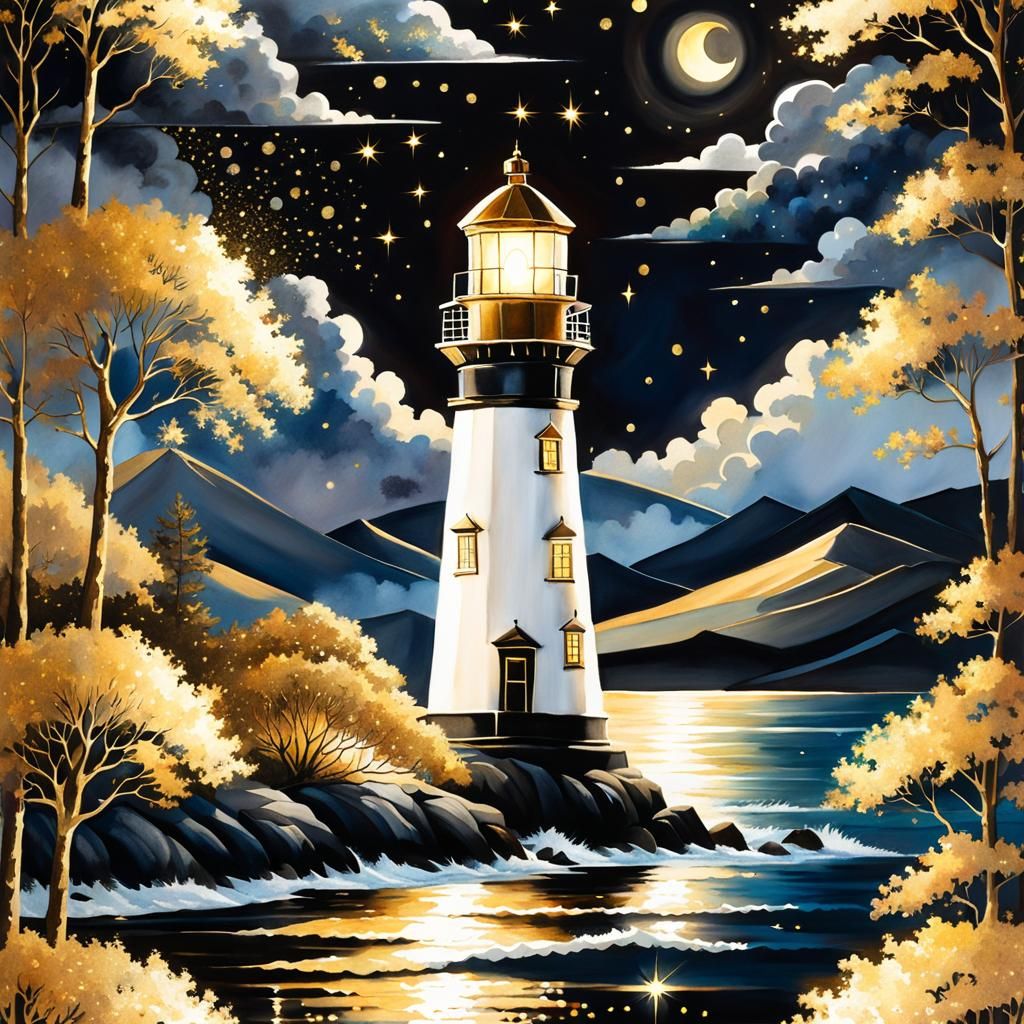 Island Lighthouse with Gold Sparkles, Watercolor Art