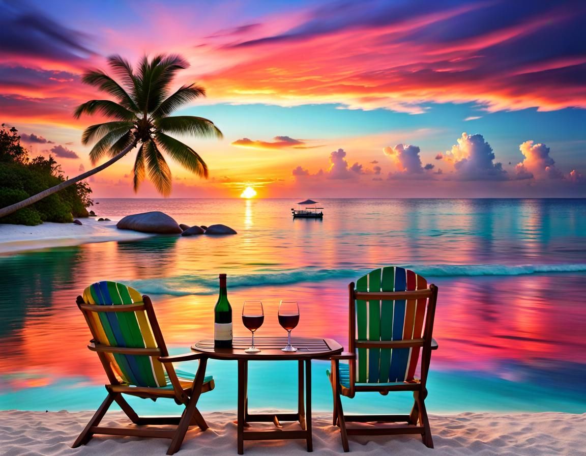 Romantic Maldives Beach Sunset with Wine