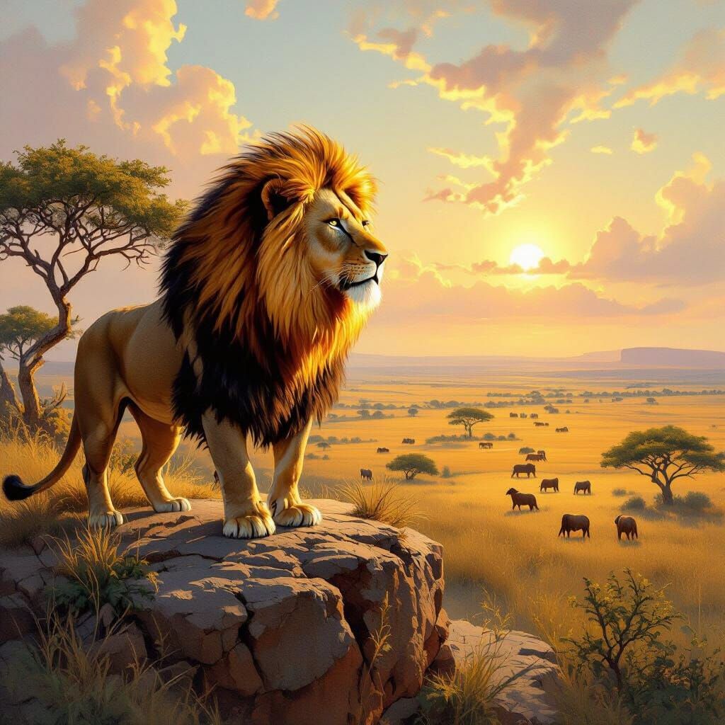 Lion with Fiery Mane in Classical Oil Painting Style