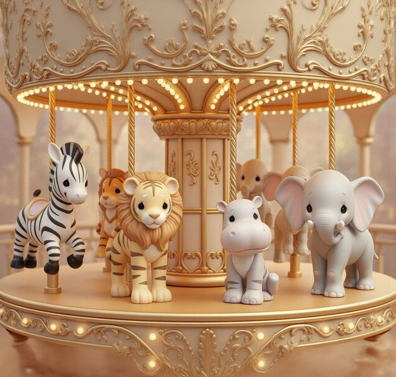 Cute Porcelain Animals on Gilded Carousel