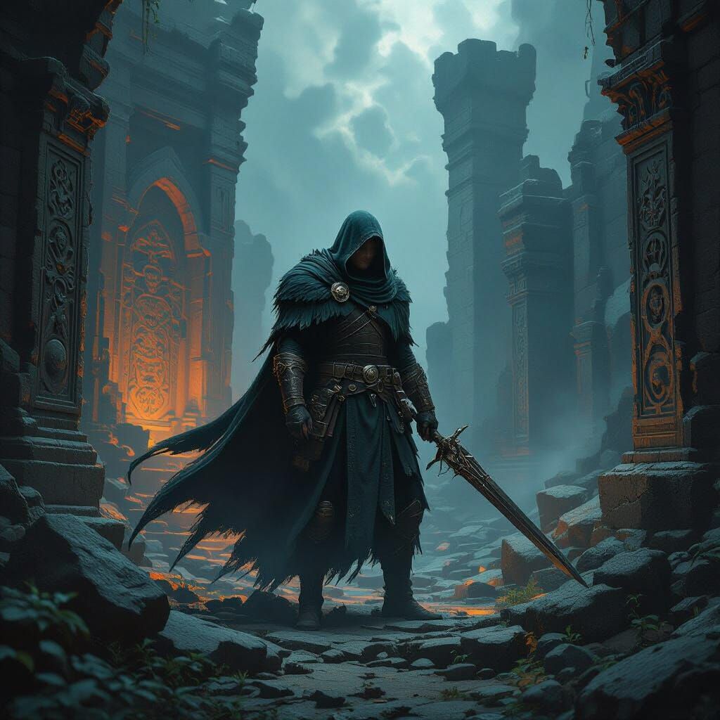 Heroic Figure Emerges from Dark Shadows in Fantasy Realm