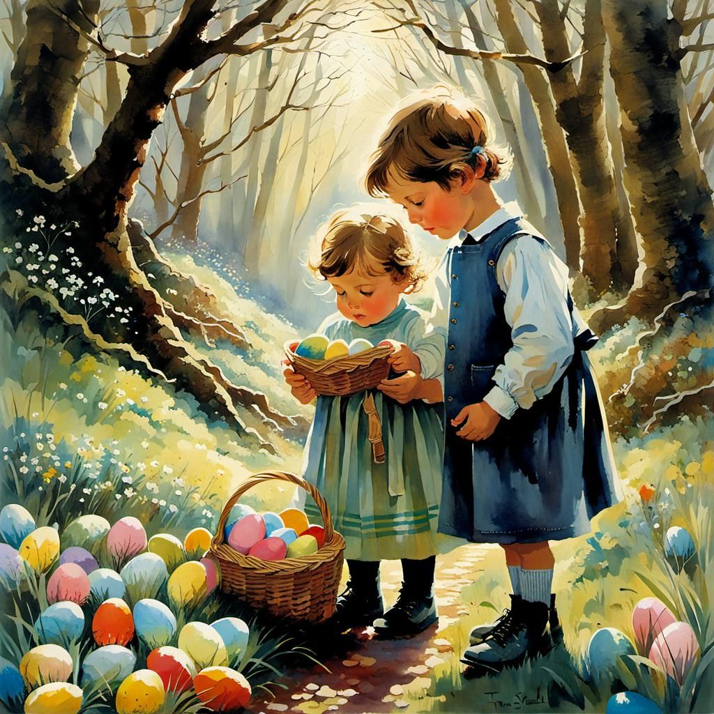 Brother and Sister Easter Egg Hunt, Watercolor Style