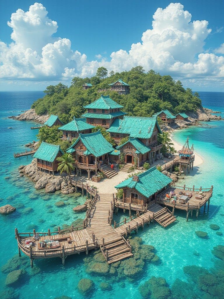 Island Fishing Village in Anime Ink and Watercolor