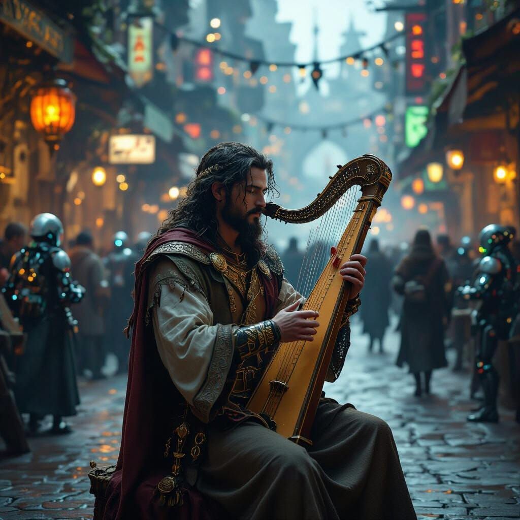 Celtic Bard Strums Harp in Steampunk Marketplace