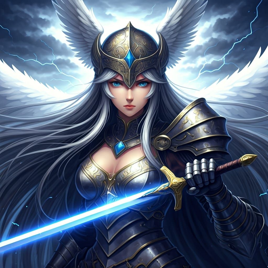 Anime Valkyrie with Glowing Sword and Lightning