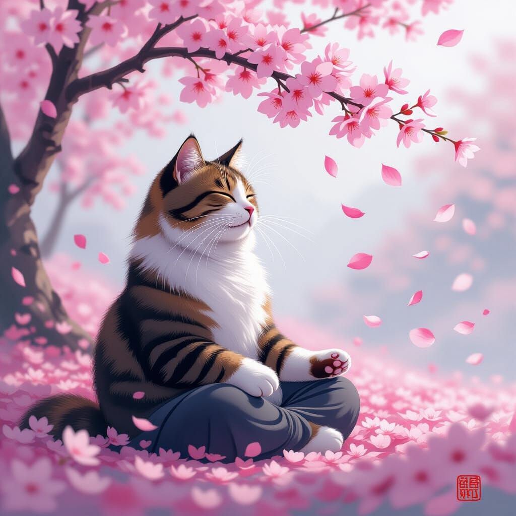 Wise Elderly Cat Meditating in Cherry Blossoms
