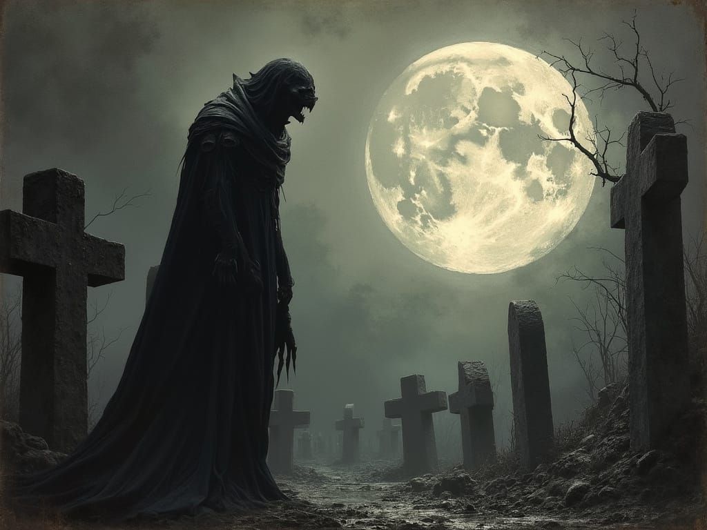 Demon Howling at Moon in Gothic Graveyard