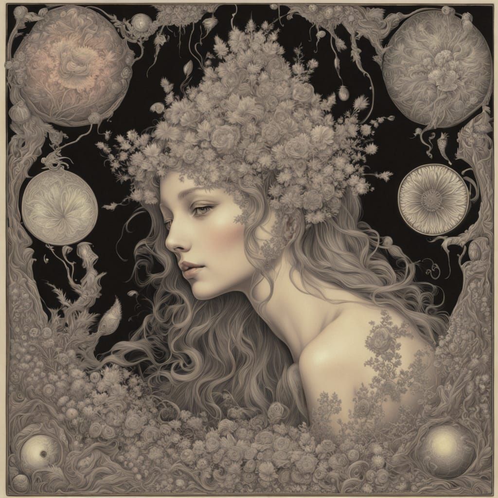 Ethereal Woman with Ginger Cat Amidst Cosmic Flora