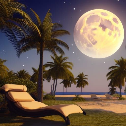 Moonlit Beach with Palm Trees in Detailed 3D