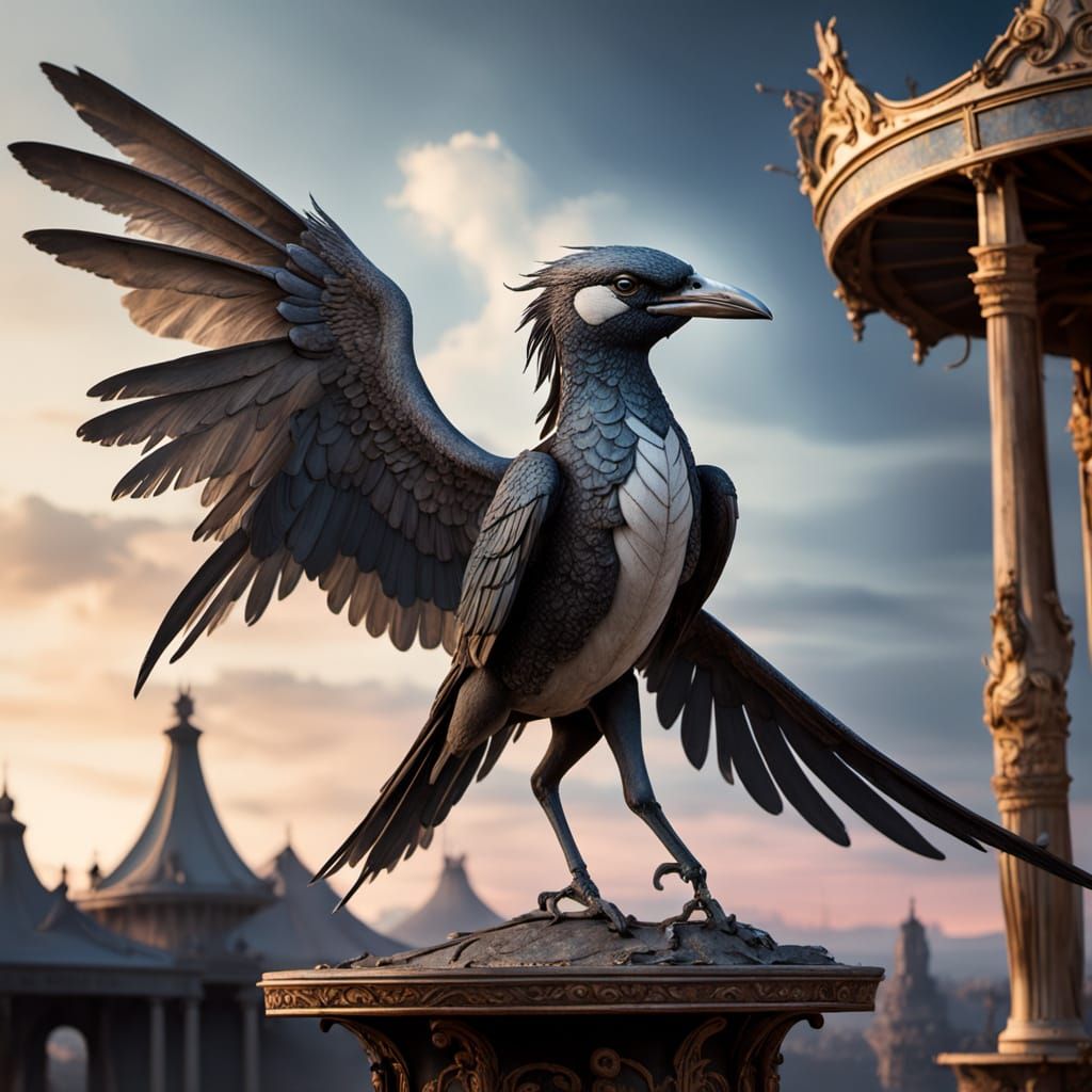 Sparrow on Ancient Carousel Horse Under Nebula Sky