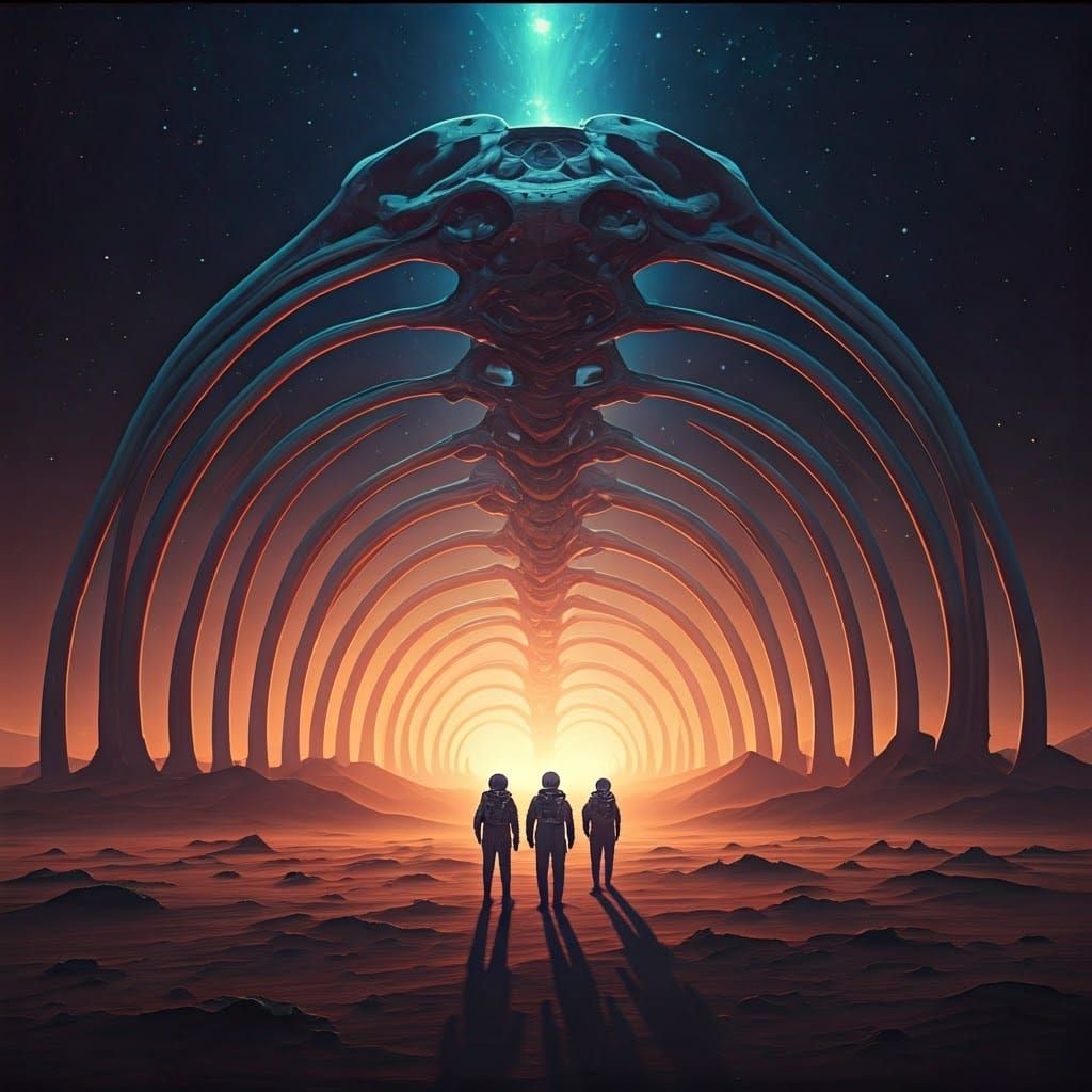 Alien Dinosaur Discovery in Space - Futuristic Cosmic Illust...