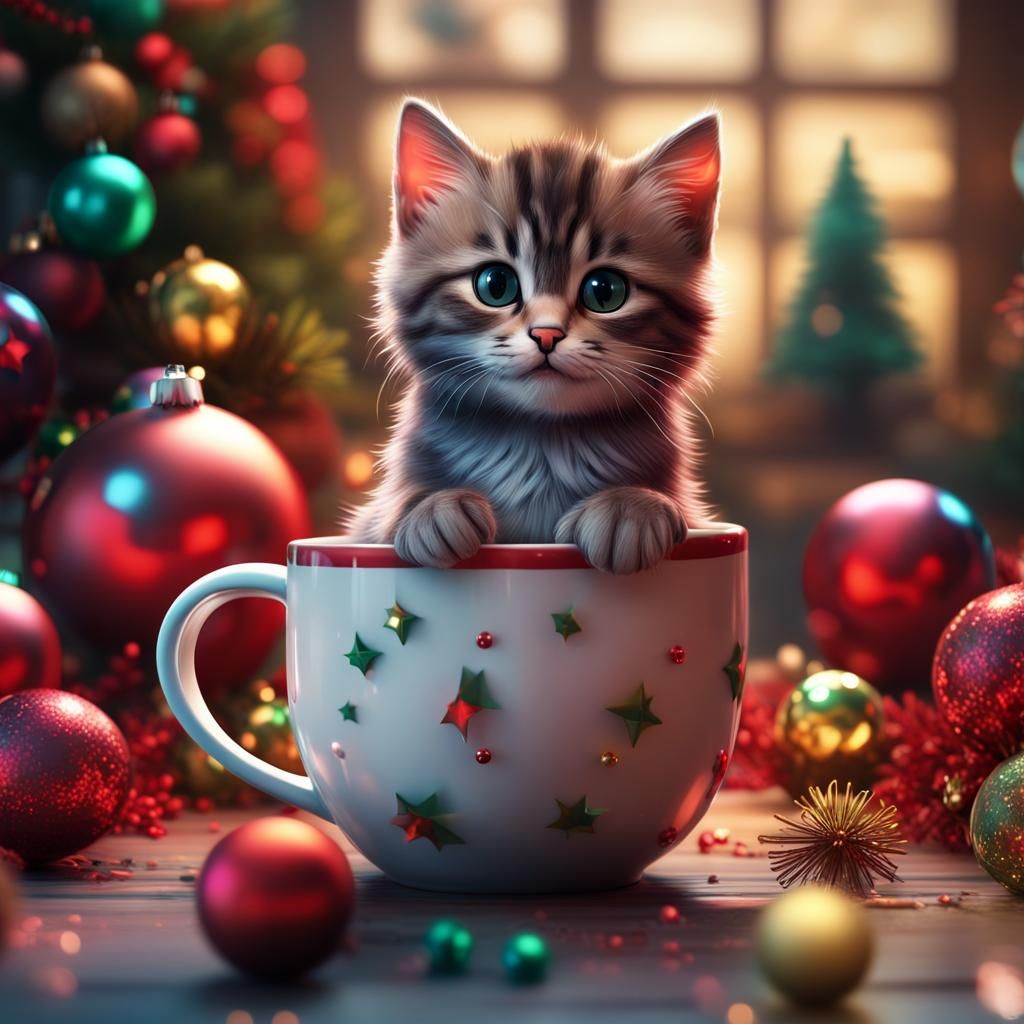 Cute Kitty Portrait with Christmas Decorations