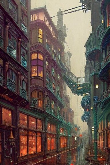 Victorian Steampunk City on a Rainy Day
