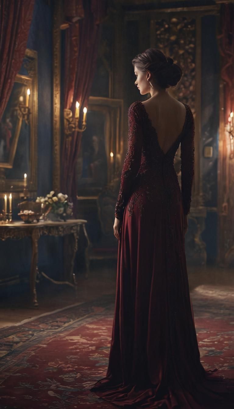 Woman in Burgundy Gown: Fantasy Concept Art