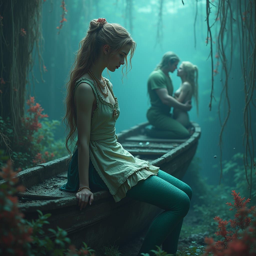 Sorrowful Mermaid on Sunken Boat in Mystic Ambiance