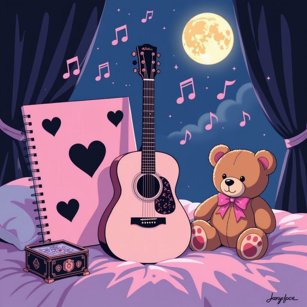 Pastel Bedroom with Emo Heart Notebook & Guitar