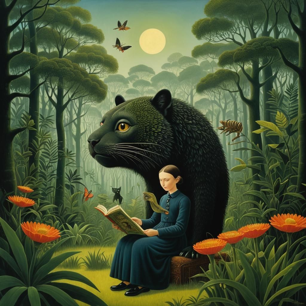 Intricate Whimsical Creature Reading in Naive Art Style