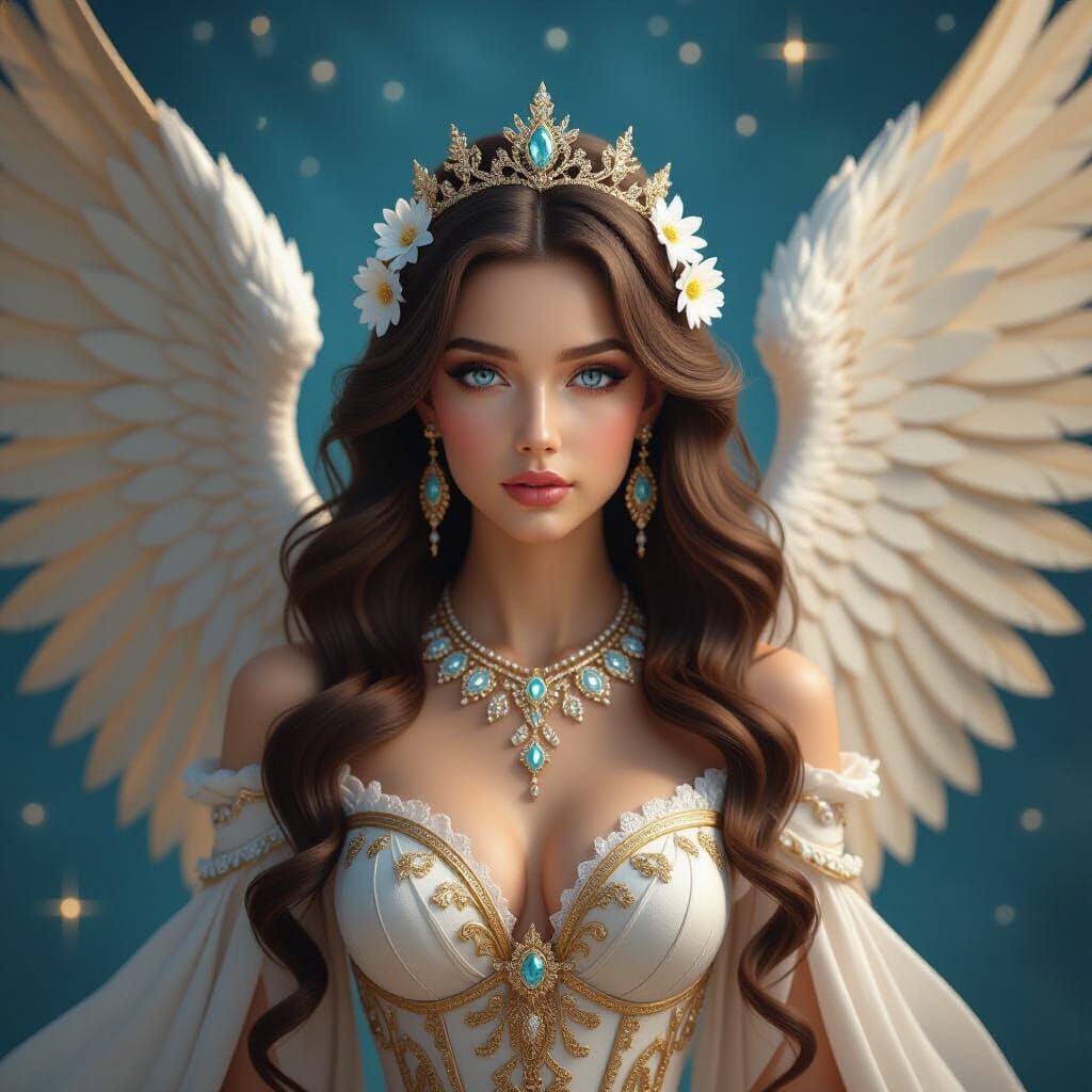a celestial female figure with mesmerizing golden wings. Her...
