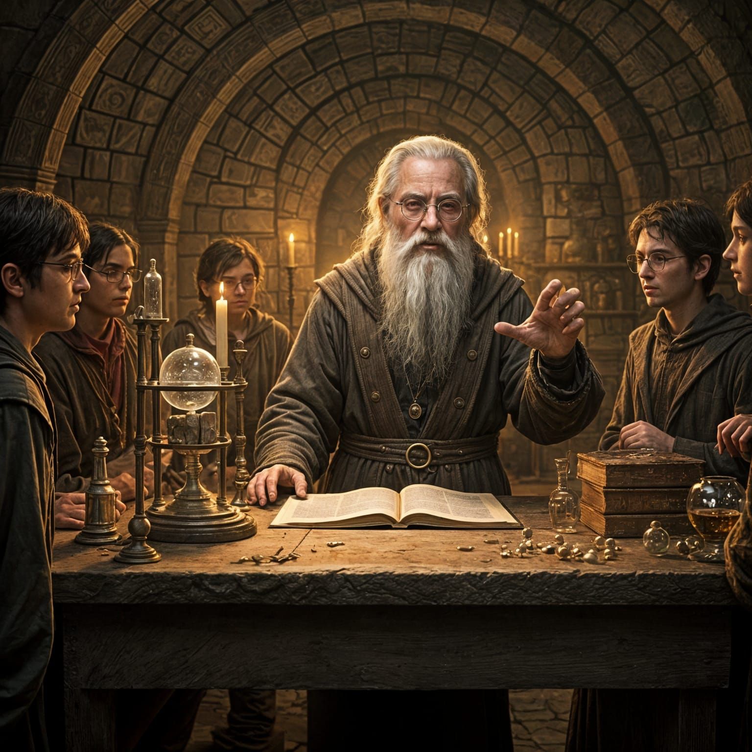 Alchemist Teaching Alchemy in Mystical Chamber