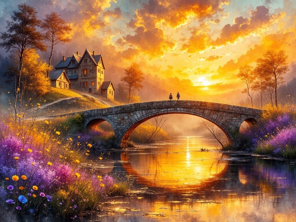 Dreamlike Sunset Over Stone Bridge in Watercolour Style