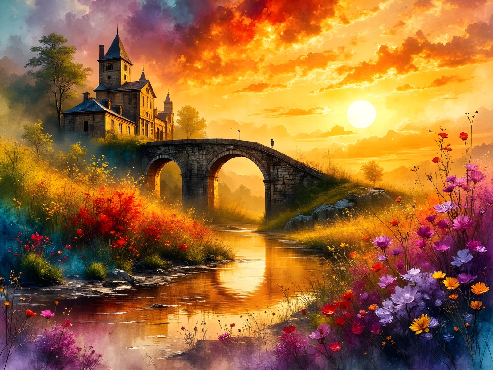 Stone Bridge Over Amber River in Watercolor Style
