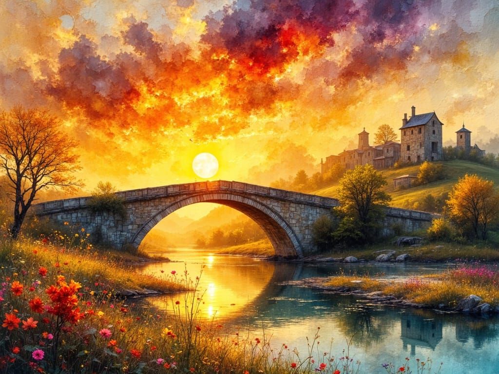 Stone Bridge over Amber River at Sunset in Watercolour