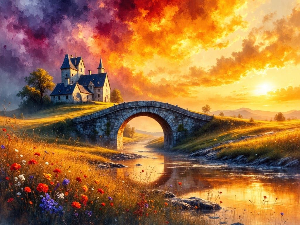 Stone Bridge Over Amber River in Watercolor Style