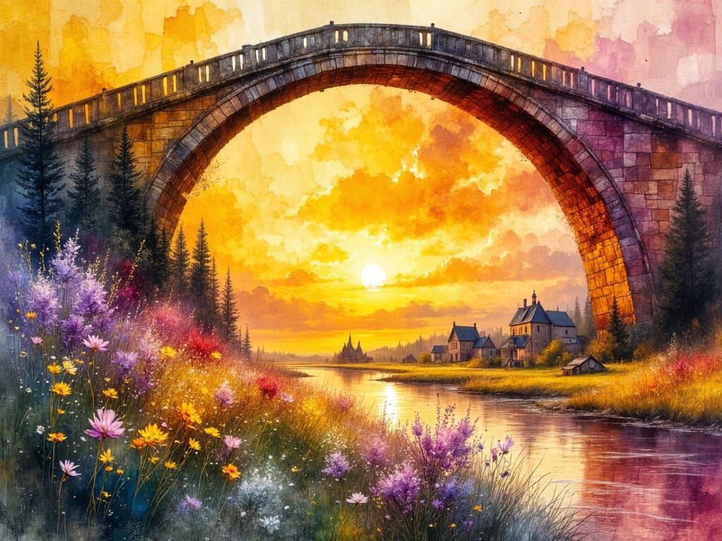 Glowing River Under Stone Bridge in Watercolor Style