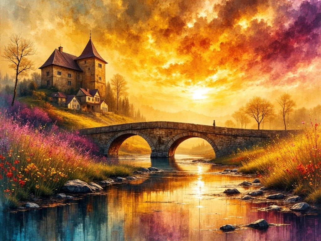 Stone Bridge Over Amber River: Watercolor Sunset