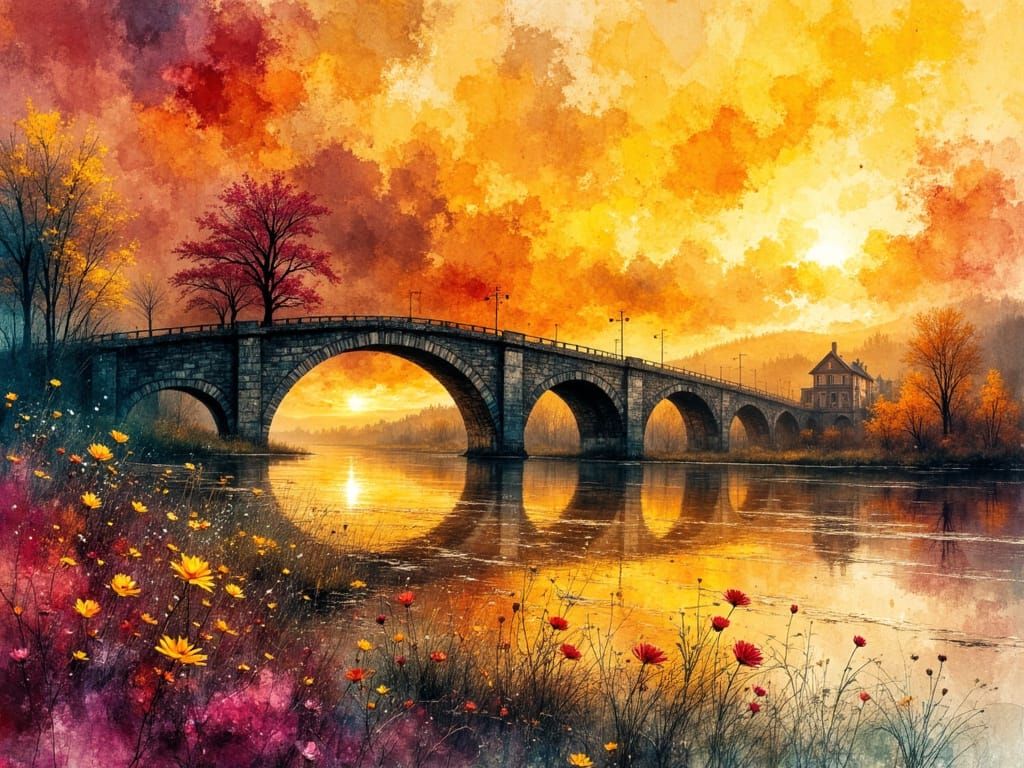 Amber River Sunset: Dreamlike Watercolor Bridge